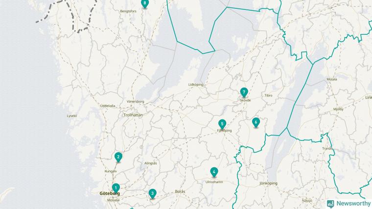 1. Brudarebacken, 2. Alebacken, 3. Bollekollen, 4. Ulricehamn skicenter, 5. Falköping, 6. Tidaholms slalombacke, 7. Billingebacken, 8. &Aring;måls Skicenter.