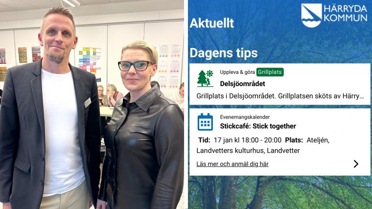 Johan Kjernald, Härryda kommuns digitaliseringschef, och Susann Almström, utvecklingsledare digitalisering. Appen ”Mitt Härryda” släpptes 2021 och har hittills 6 000 nedladdningar.