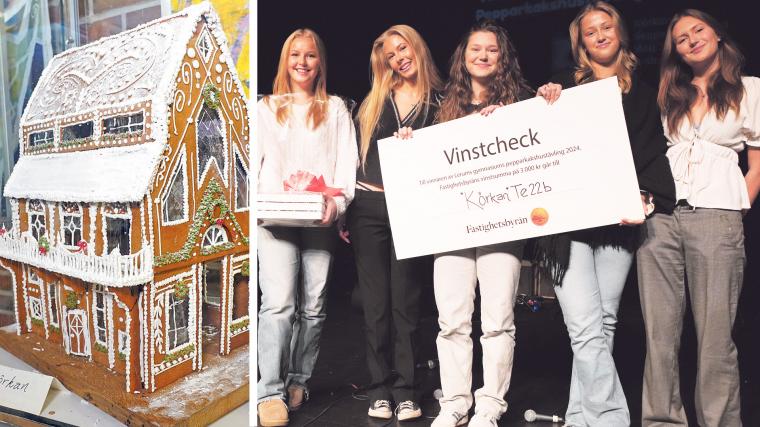 Lisa Mueller, Ellie Palmqvist, Saga Petersén, Nora Rustén och Sigrid Beckman från teknikklassen TE22B kammade hem förstaplatsen för sitt pepparkakshus ”Körkan”.