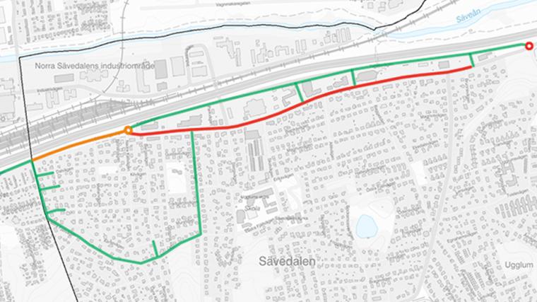 På kartan visas de 2 arbetsetapperna på Göteborgsvägen. Orange markering visar etapp 1. Röd markering visar etapp 2 utmed köpgatan. Grön markering visar alternativa vägar under arbetstiden. Svart markering visar kommungränsen i väster.