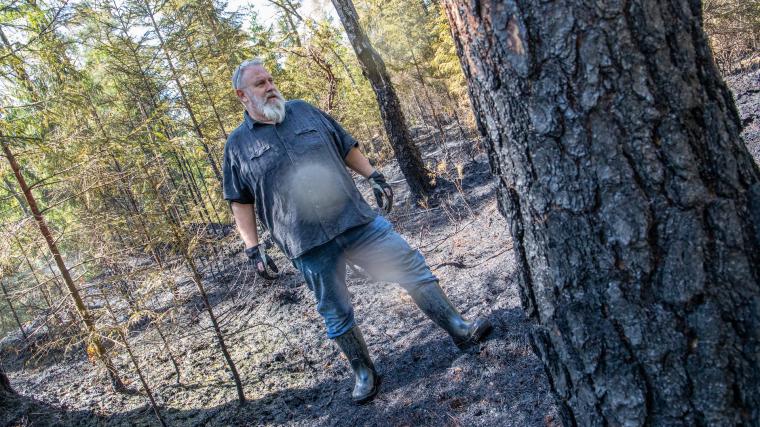 Boris Jernskiegg visar resultatet av lågornas framfart bland träden. Runt om oss blöter vattensprinklers ner marken och skvätter även ner reporterns kamera.