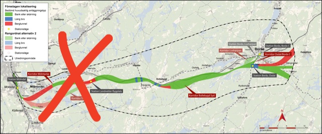 Den tänkta sträckningen för nya snabbspåret mellan Göteborg-Borås. Nu pausar Trafikverket sin planering gällande Härryda kommun.