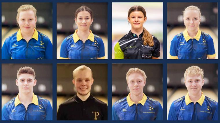 Sveriges trupp till JEM i bowling: Elin Bergqvist, Elissa Mehmet, Lova Nilsson, Kajsa Samuelsson, Carl Eklund, Albin Gullstrand och Robin Noberg, Emil Svensson.