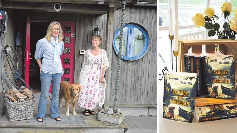 Lilly Kullberg och Anna Gren i Annas sommarhus ”Härryda”. Huset byggdes av hennes morfar men såldes senare. Anna och hennes bror lyckades dock köpa tillbaka det efter att den förra ägaren hittat brev som visade på familjens koppling till platsen. ”Vi älskar Härryda och hade köpt det hur det än hade sett ut”, säger hon. ”Skuggor över Härskogen” är den första boken i duons tänkta Härrydasvit. Bok nummer två är redan på gång.