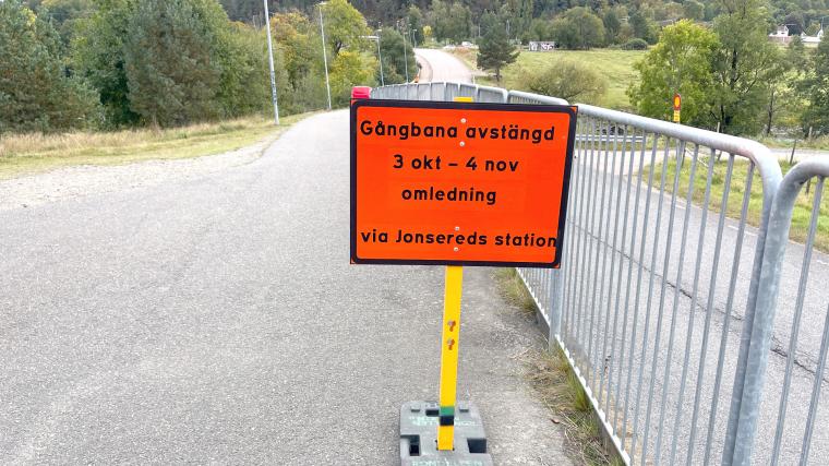 Cykel- och gångbanan mellan kåhög och Jonsered kommer stängas av på måndag 3 oktober.