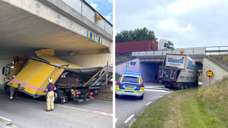 Två gånger på två veckor har lastbilar fastnat i viadukten under E20.