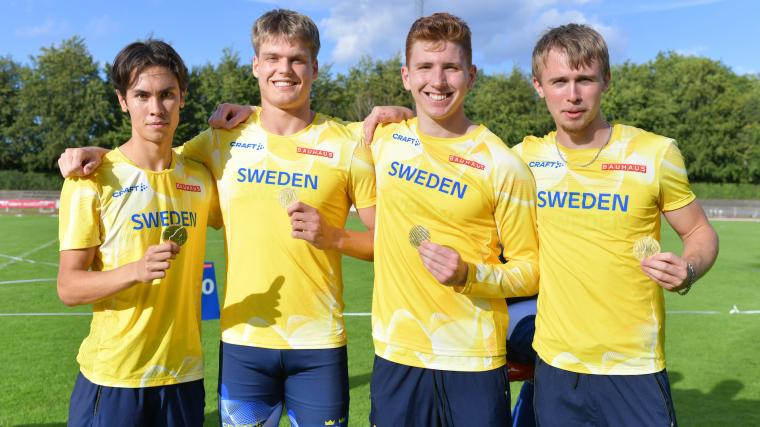 Det svenska JNM-guldlaget på 4x100 meter bestod av Filip Olsson (IFK Lidingö), Noah Karlberg (Malmö AI), Alexander Oliver (IF Göta Karlstad) och Tim Janssons (Alingsås IF).