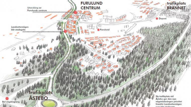 Visionsbilder över hur framtidens Furulund kan komma att se ur när Landvettervägen blivit stadsgata och den nya vägen mellan &Aring;stebo och Skulltorpsmotet står klar 2032 – 2035.