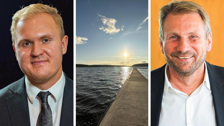 Kommunstyrelsens ordförande Viktor Lundblad (M). Härlig höstdag äver Aspen och Kim Erefalk, utvecklings- och hållbarhetschef i Lerums kommun.<br /><br />