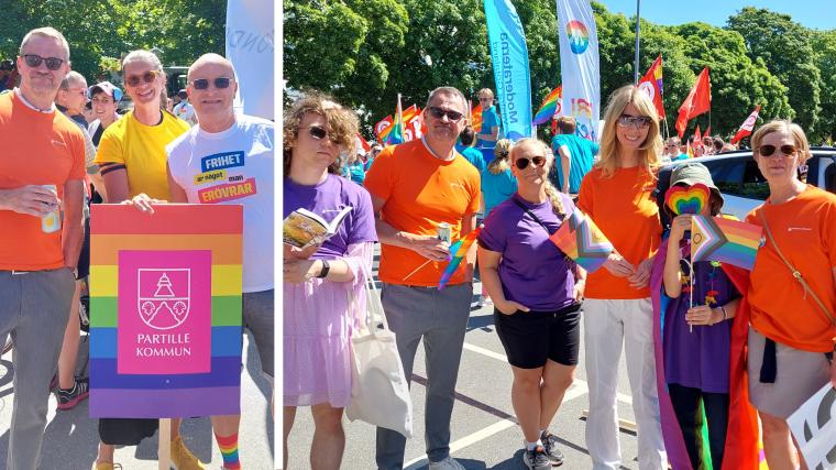 Bengt Randén (kommundirektör) och Erika Hägg (förvaltningschef på vård- och omsorgsförvaltningen) tillsammans med Jonas Gardell som också gick med i Pride Parade. Några av deltagarna från Partille kommun: Bengt Randén (tvåa från vänster), Veronica Strömsten (trea från vänster), Christin Hannu (trea från höger) och Maria Skattner (längst till höger).