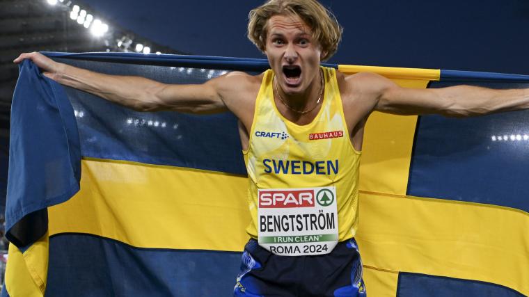 Carl Bengtström, från Landvetter, firar EM-bronset efter målgången.