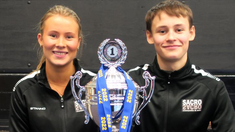 Wilma och Hugo Fjelkners medaljskörd från Svenska Cupen i trampolin 2022.